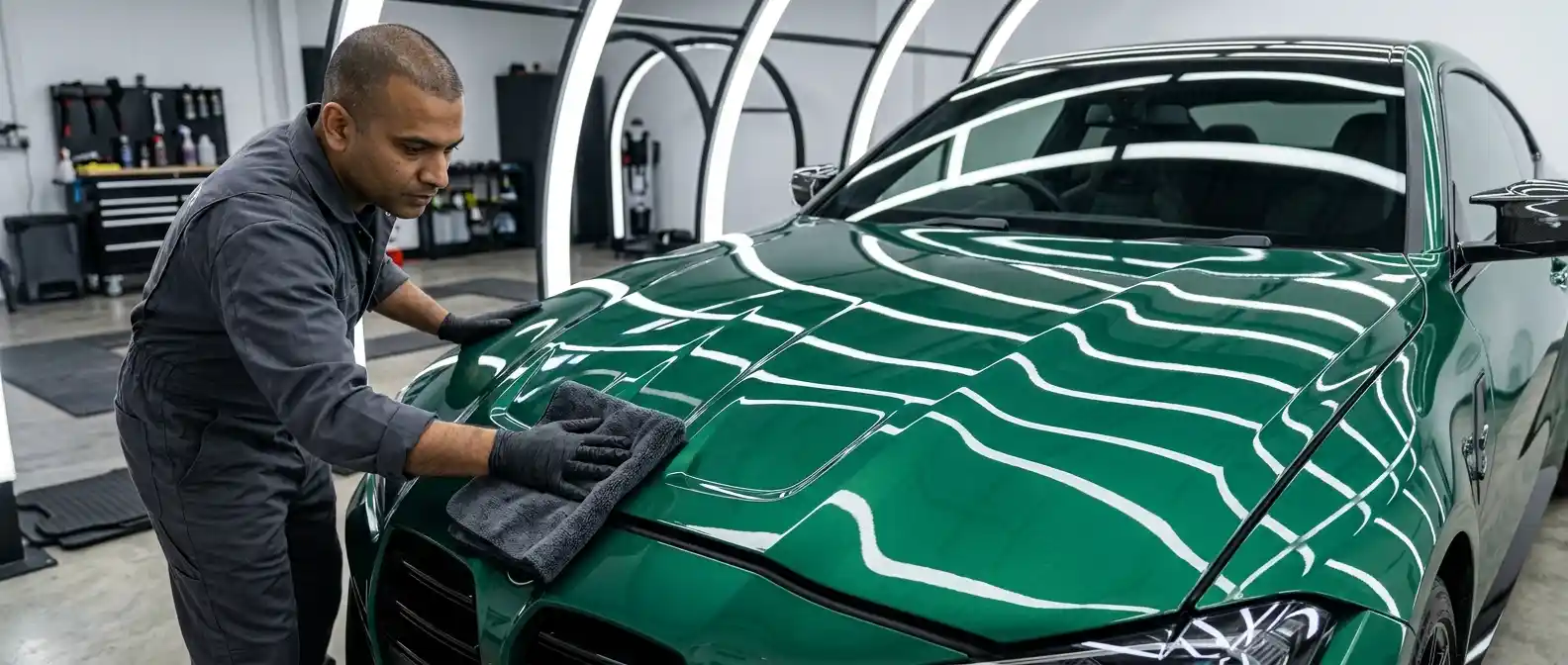 Technician completing final surface polish and quality control on a repaired BMW M4