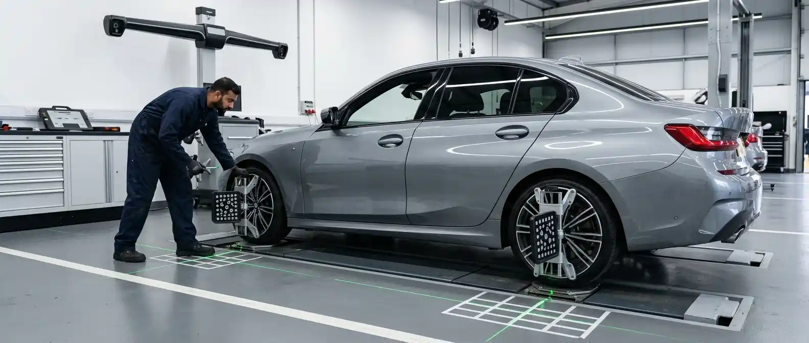 BMW 5 Series undergoing a four-wheel green laser alignment audit after body repair