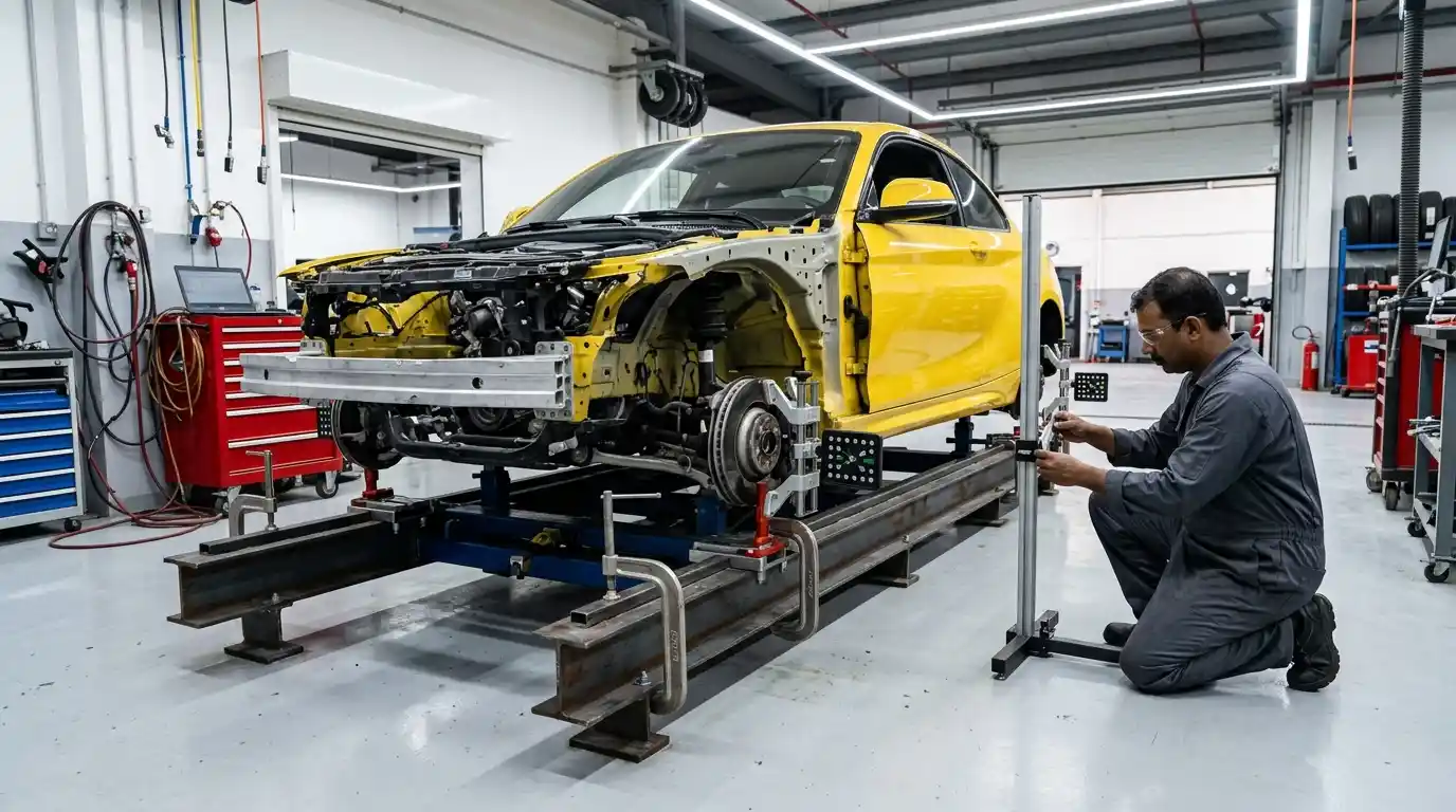 BMW M4 secured on a calibrated frame alignment bench for structural datum measurement