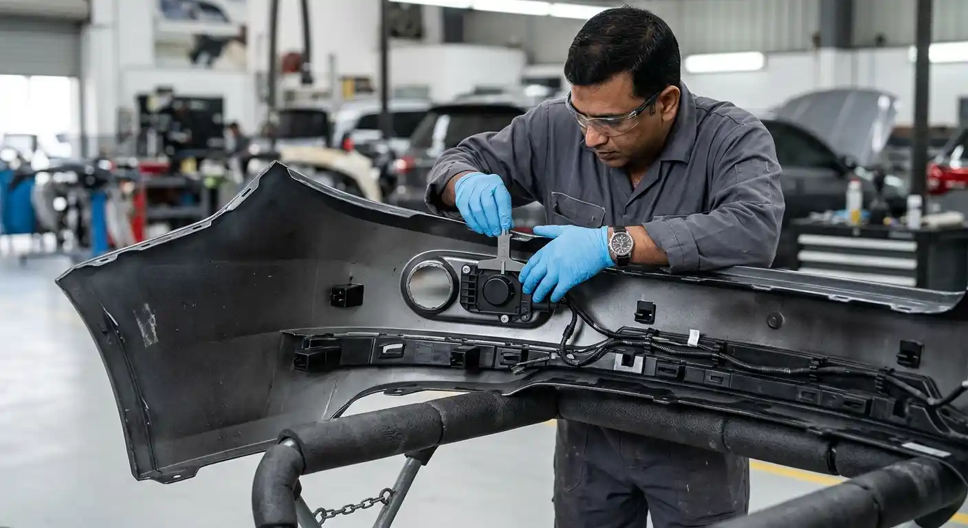 Technician physically inspecting a front bumper sensor opening, bezel and mounting position
