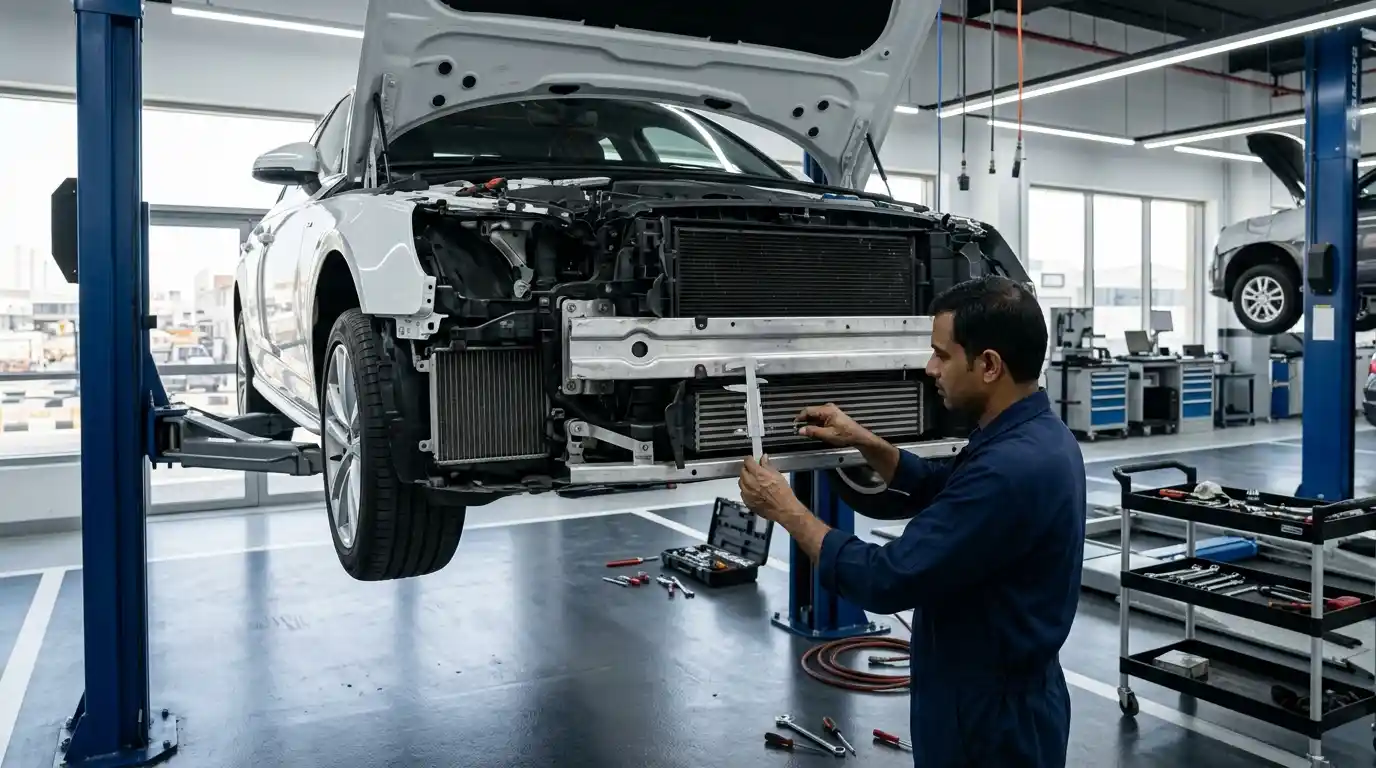 Audi A4 front-end cooling components and radar alignment checked after impact