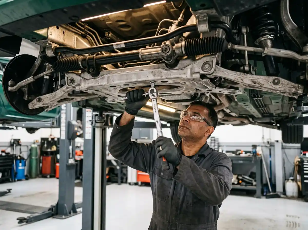 BMW M3 wheel corner and subframe inspection during body repair