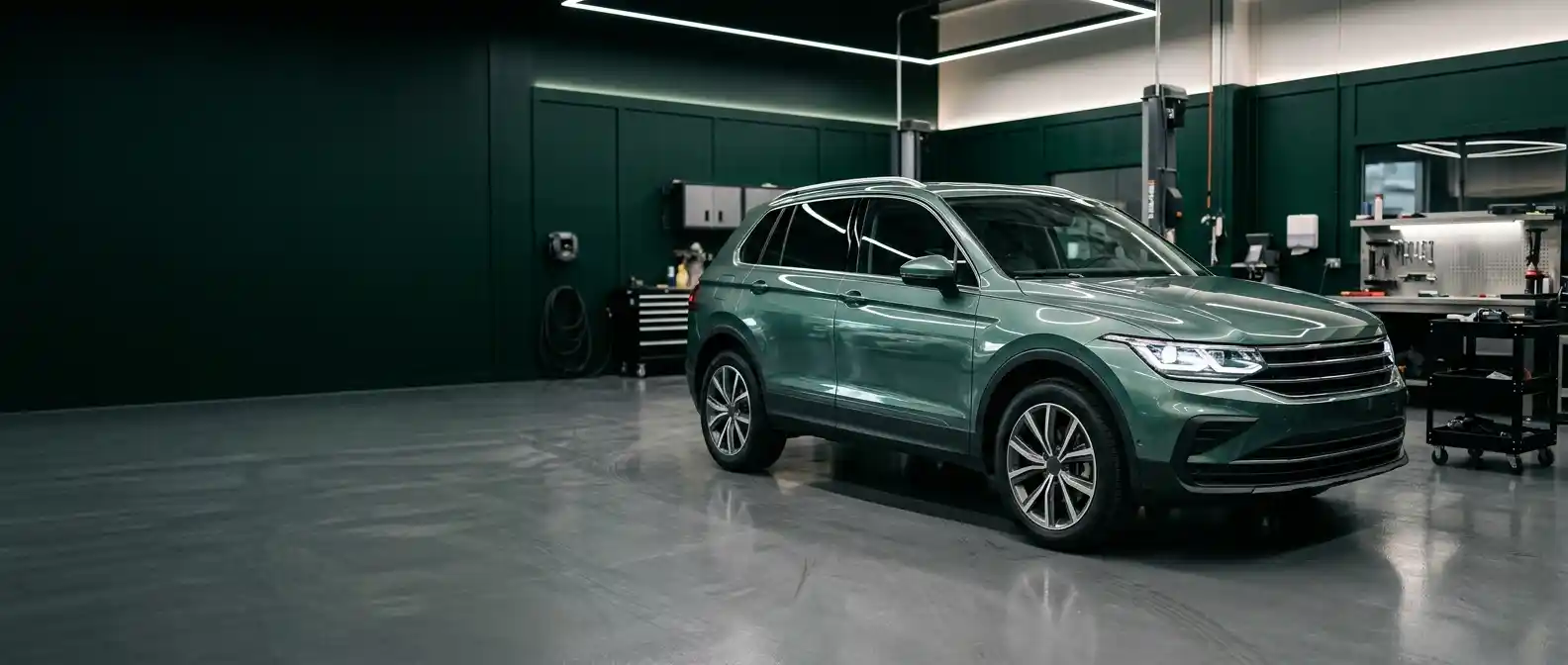 GAC vehicle undergoing body repair assessment in a professional Dubai workshop