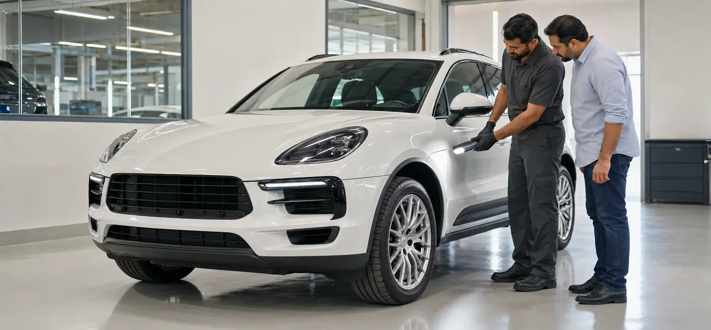 Technician completing Porsche Macan handover checks across identity, energy boundary and repaired functions