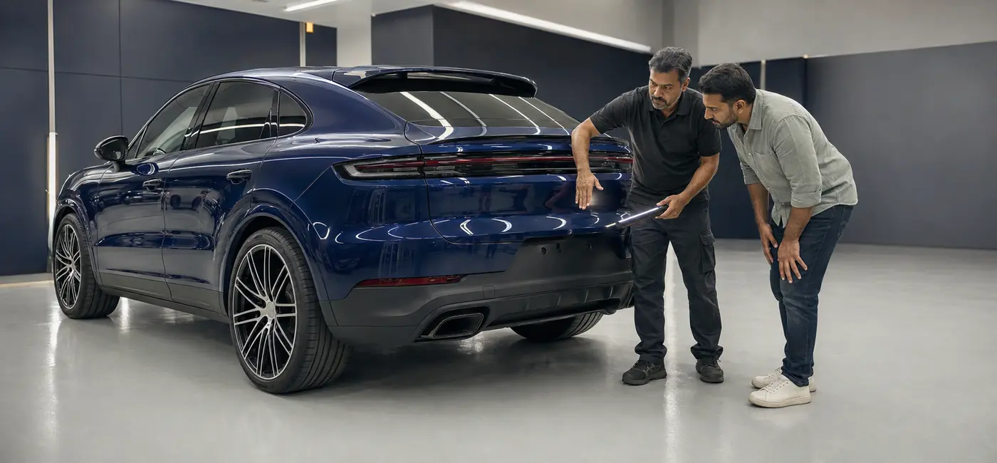 Porsche Cayenne undergoing final handover inspection by body form and powertrain configuration