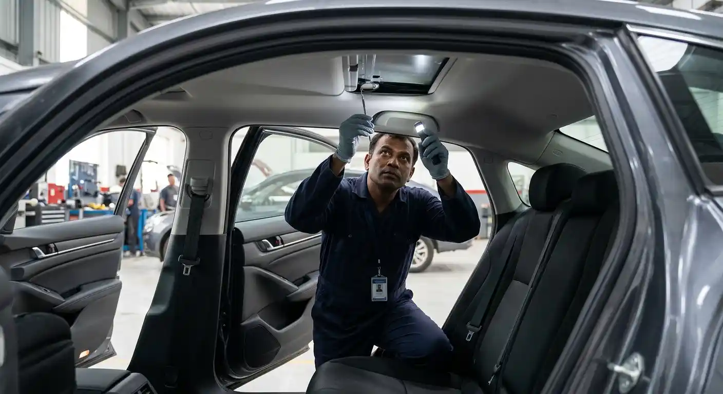 Technician assessing car roof dent access before disturbing the headliner during roof repair in Dubai