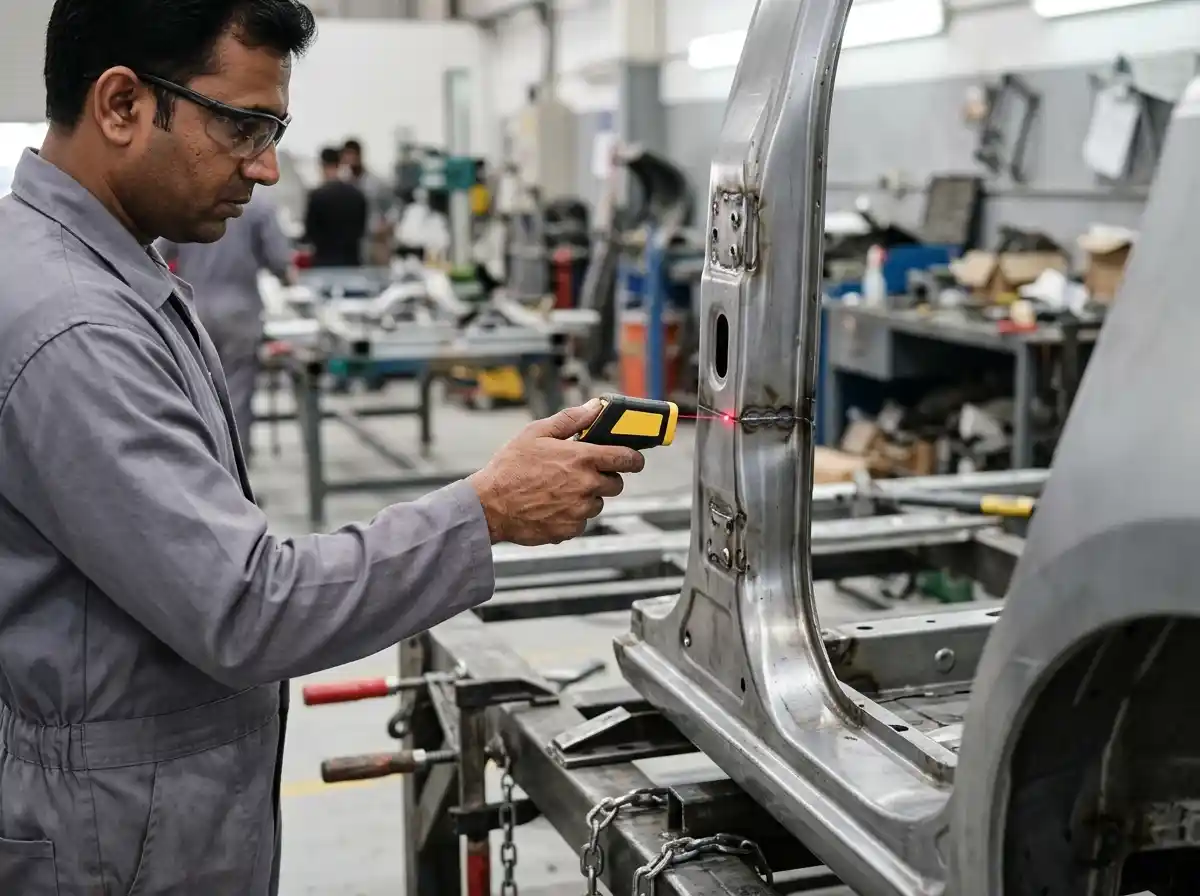 Technician measuring high-strength steel GAC body structure with a laser alignment system