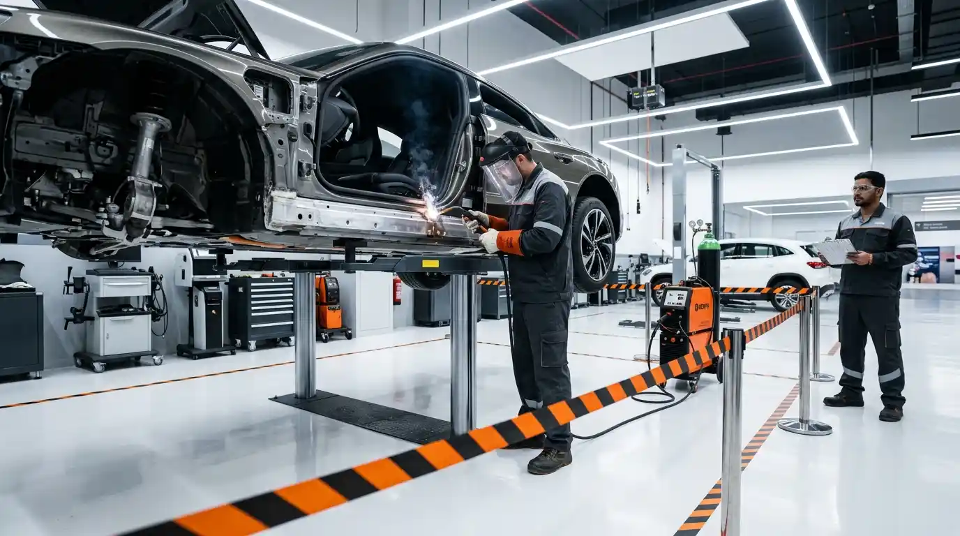 Technician following high-voltage proximity and safe working practices during Audi e-tron GT body repair