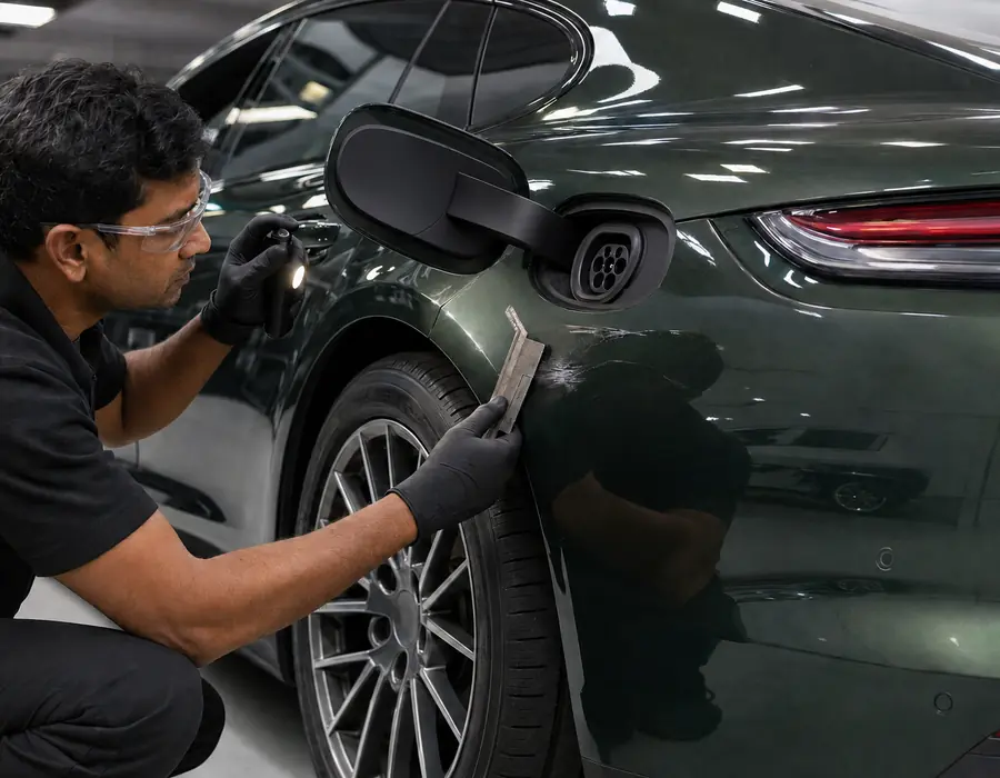 Technician inspecting Porsche Panamera hybrid charging-area body damage as a separate repair decision