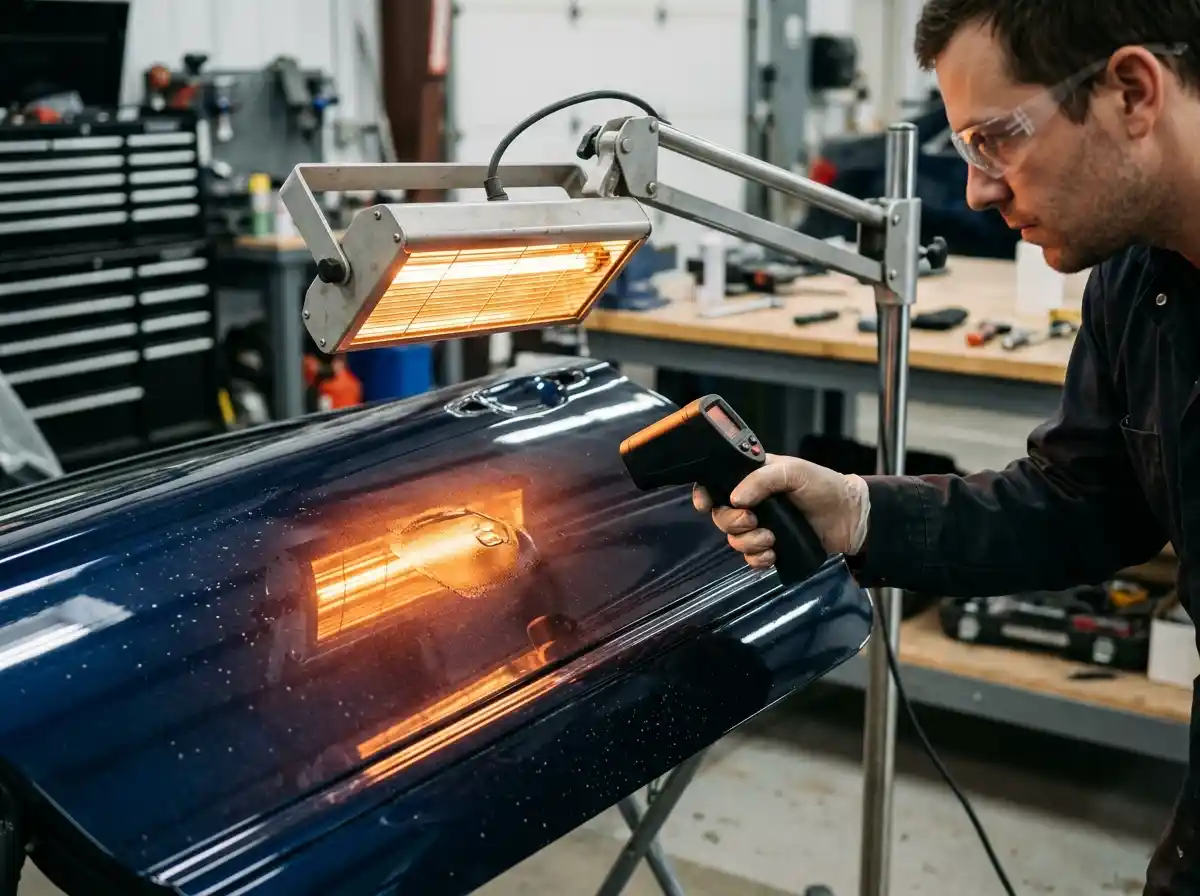 Localized infrared curing equipment drying a repaired paint chip under controlled heat