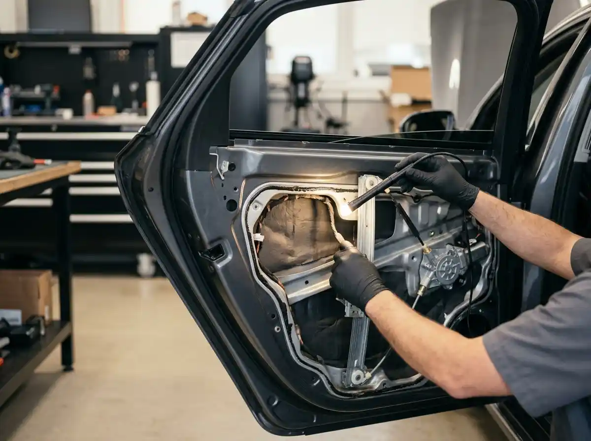 Technician inspecting the inner door cavity and window regulator during side impact repair in Dubai.