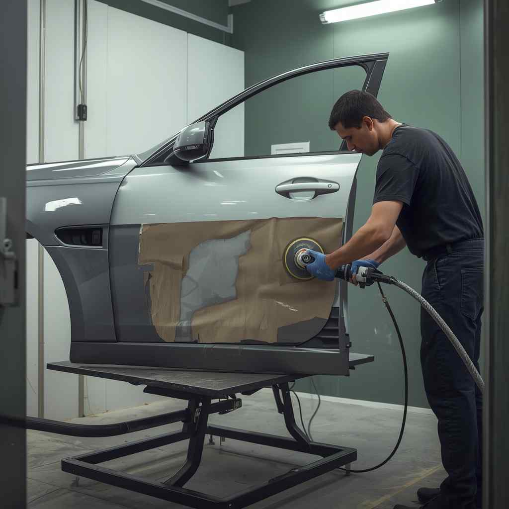 Technician repairing a Jaguar aluminium panel with dedicated dust extraction and contamination control