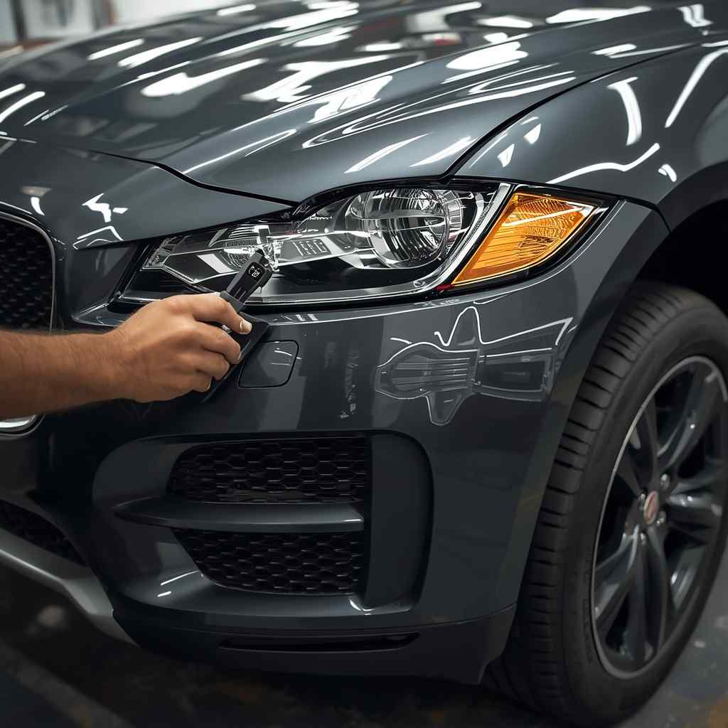Technician measuring Jaguar bumper and headlamp gaps after hidden corner damage