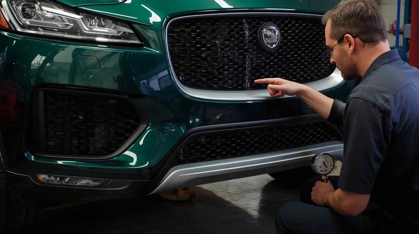 Painter comparing a metallic Jaguar spray-out sample beside the vehicle before refinishing