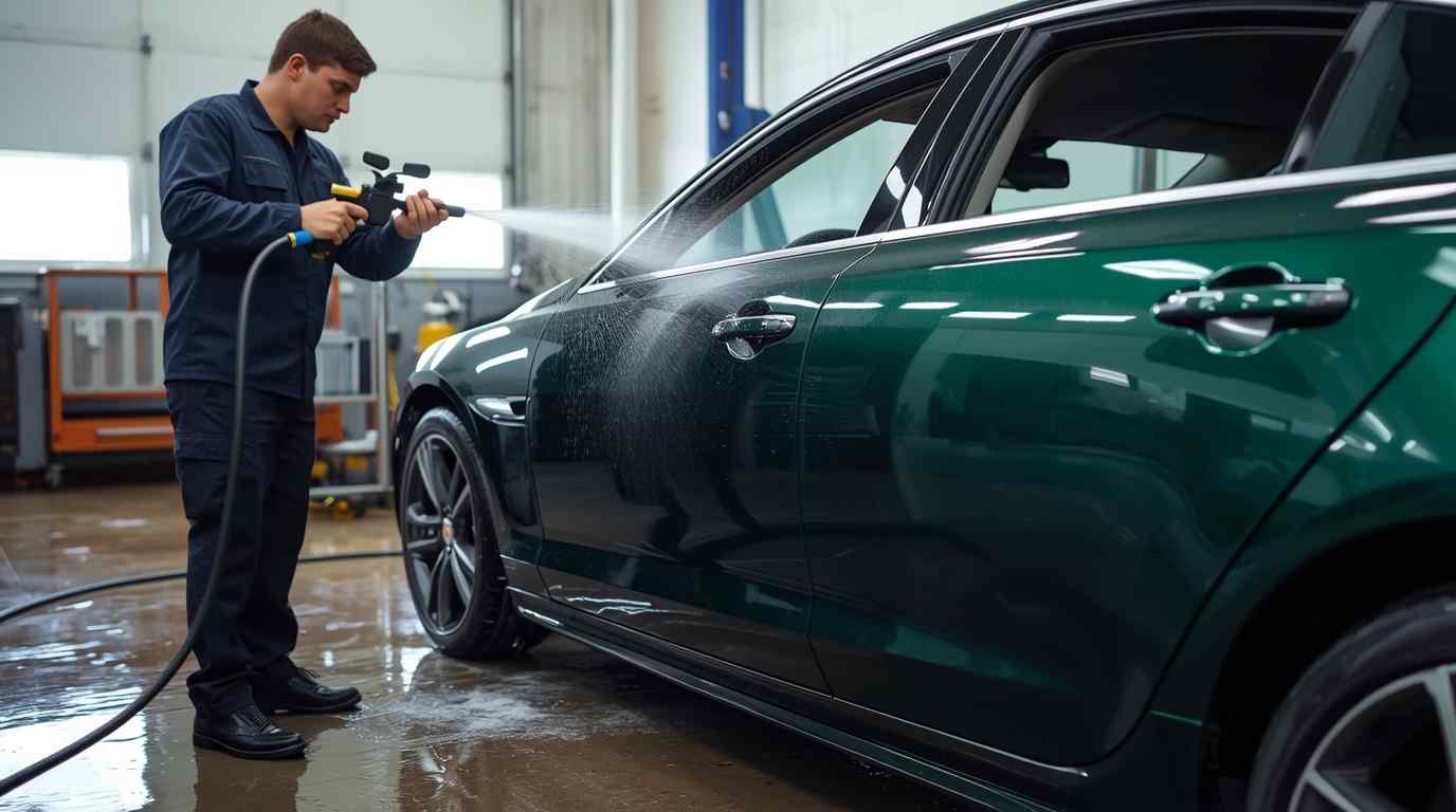 Technician water-testing a repaired Jaguar door, glass and seal after closure alignment