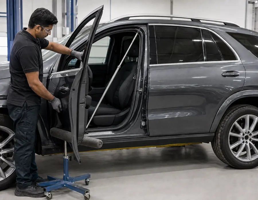 Technician measuring Mercedes-Benz GLE door aperture and panel gaps before hinge adjustment