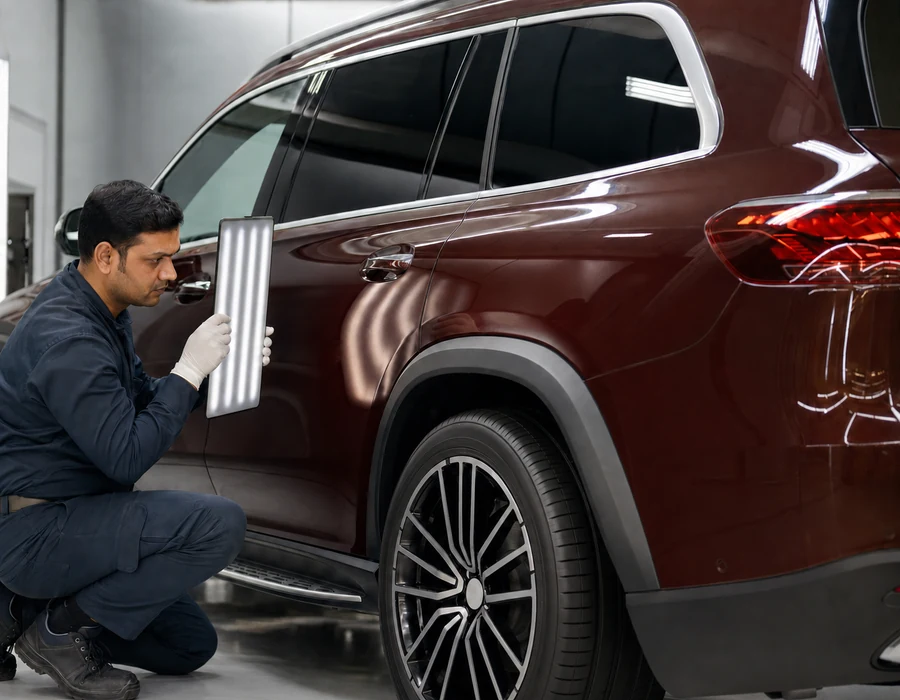 Mercedes-Benz GLS large-panel paint texture and colour inspection under linear lighting