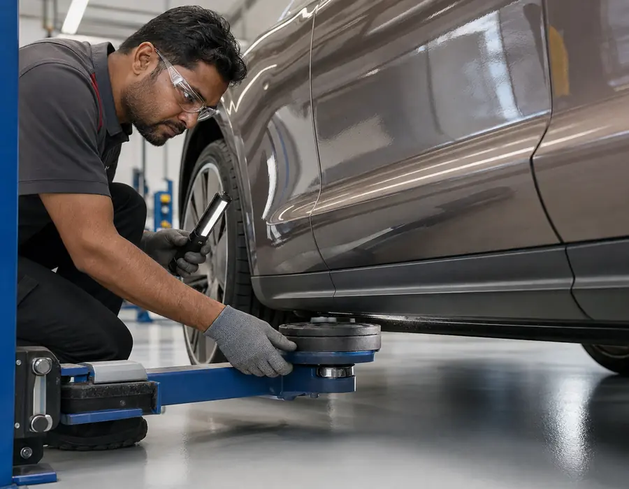 Technician confirming Porsche Taycan lift points against sill and underbody impact evidence
