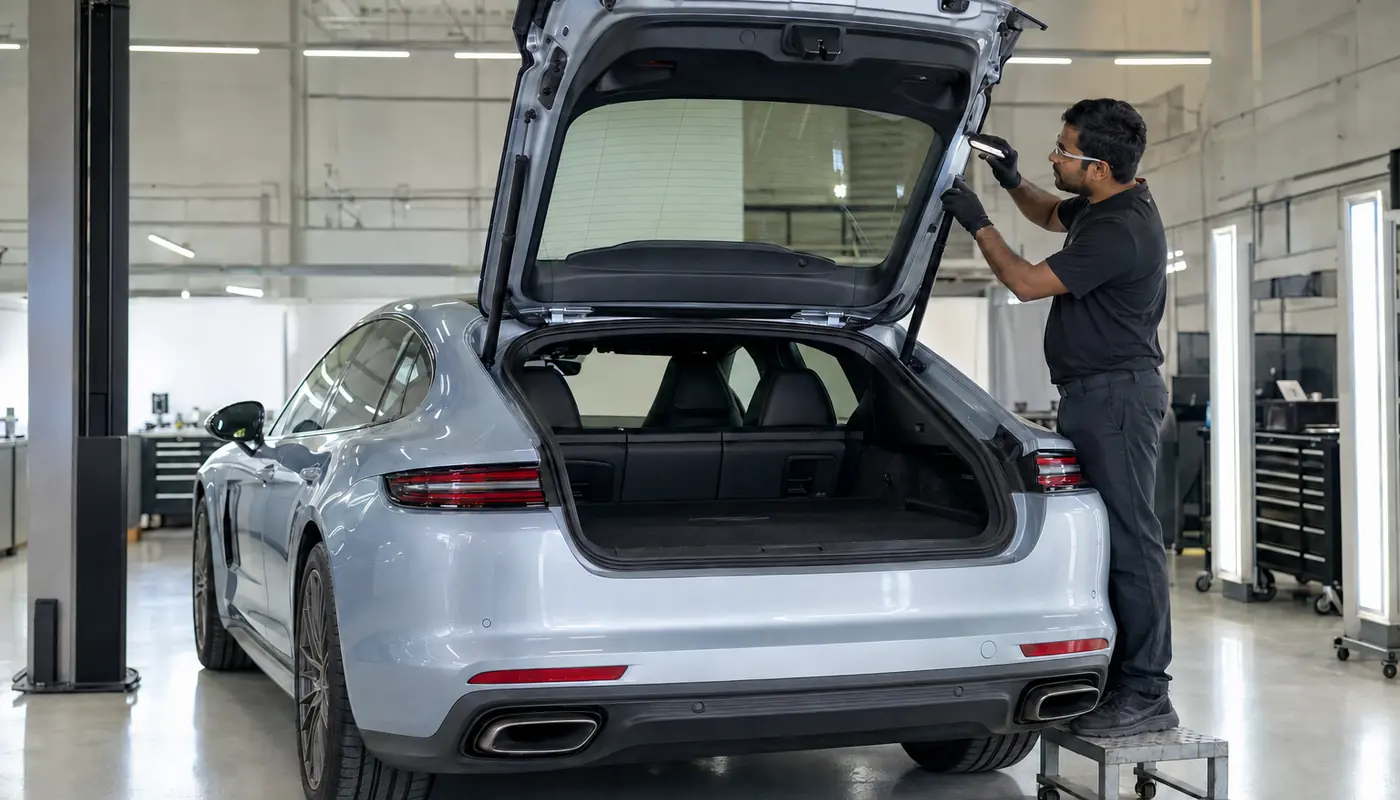 Technician measuring Porsche Panamera liftback alignment before powered operation