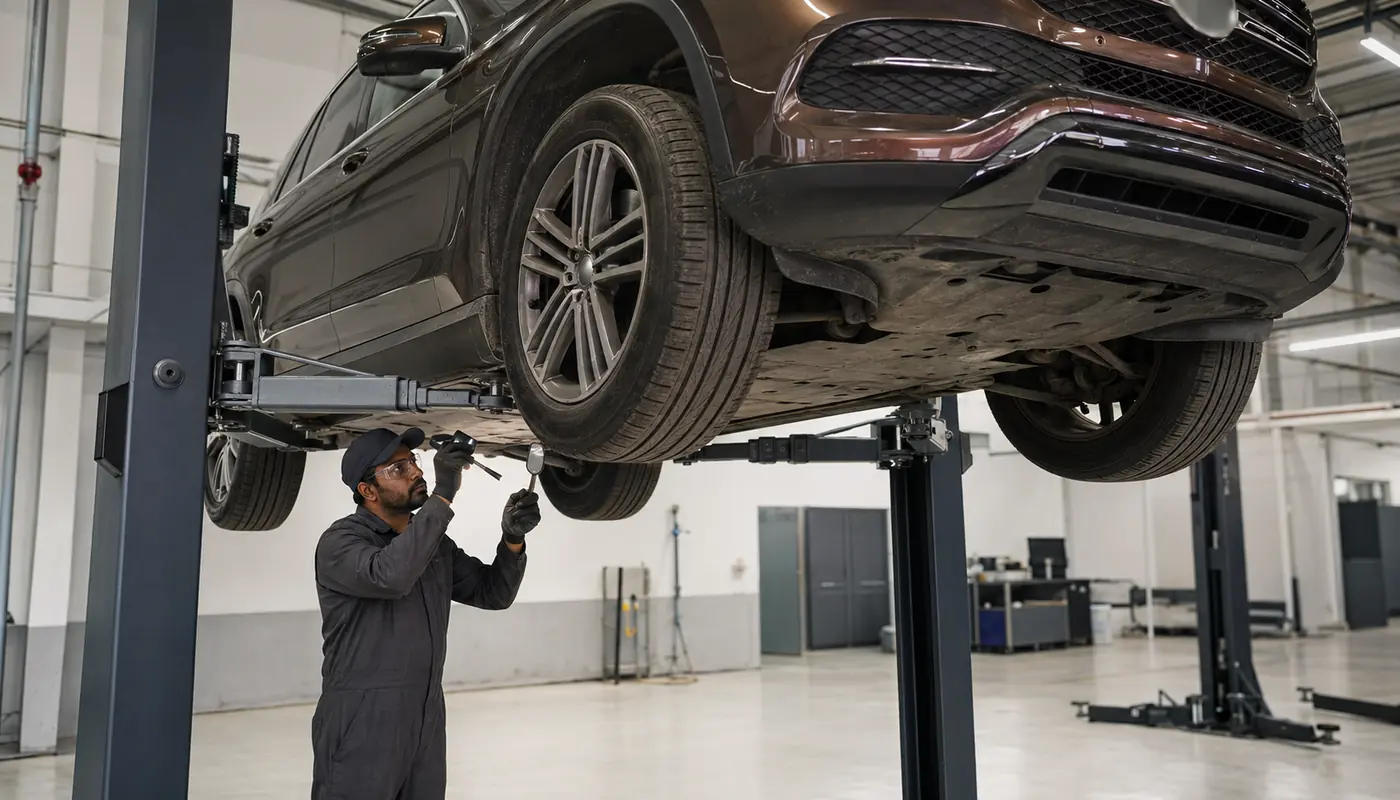 Technician confirming Mercedes-Benz GLE lift points against visible underbody impact evidence