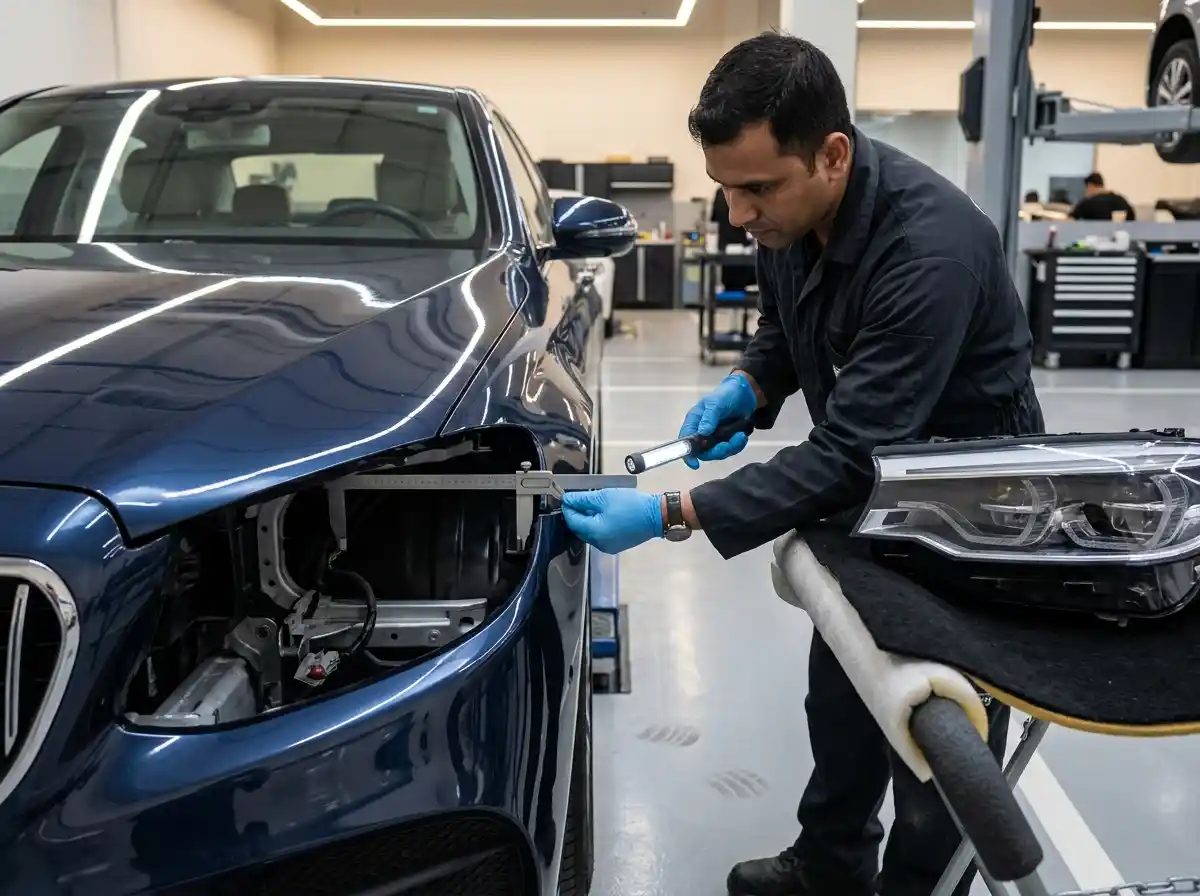 Technician inspecting Mercedes-Benz C-Class lamp supports, bumper edge and surrounding body geometry after collision damage