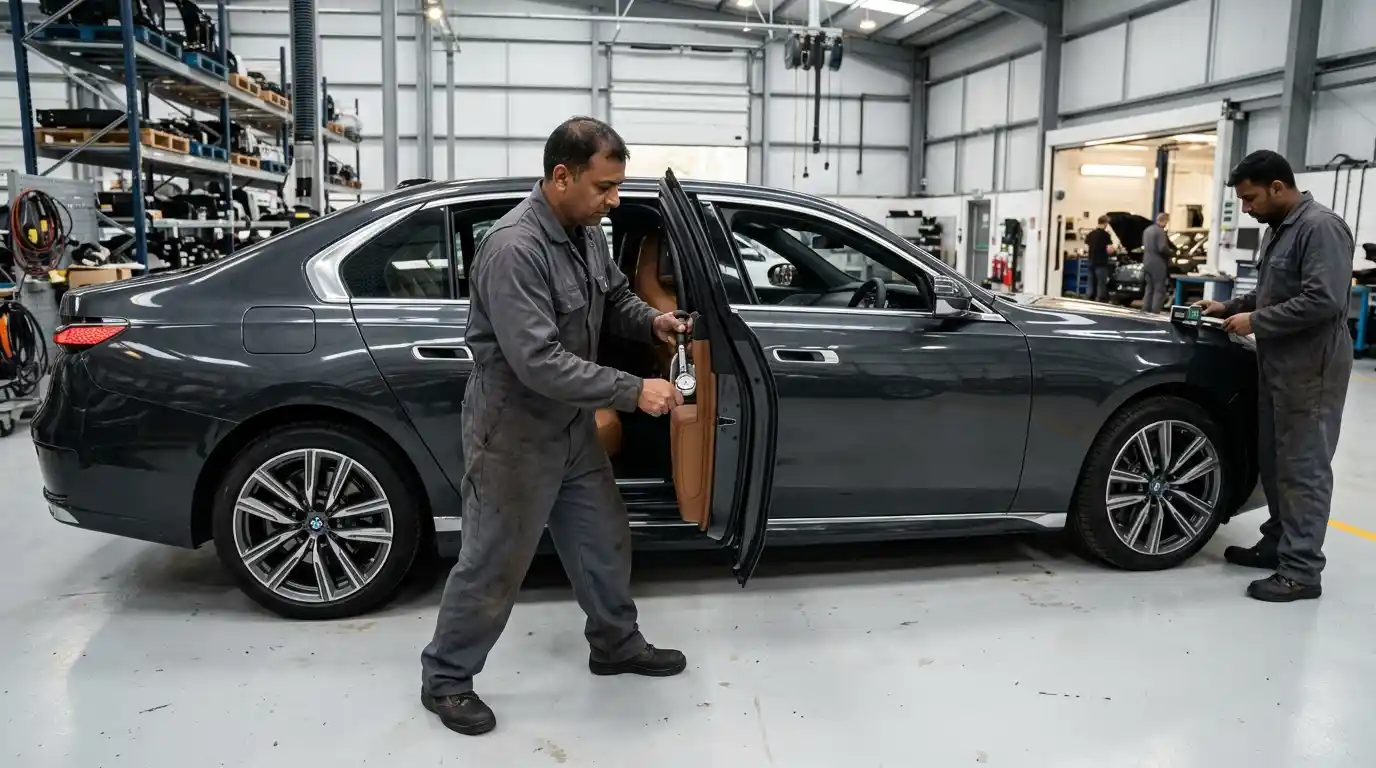 Long-Wheelbase Soft-Close Door Alignment Technician measuring BMW 7 Series long-wheelbase soft-close door alignment and seal contact