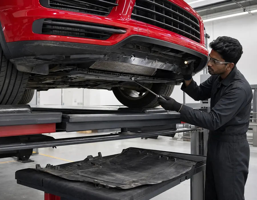 Technician tracing Porsche Cayenne low-front impact damage beneath the painted bumper