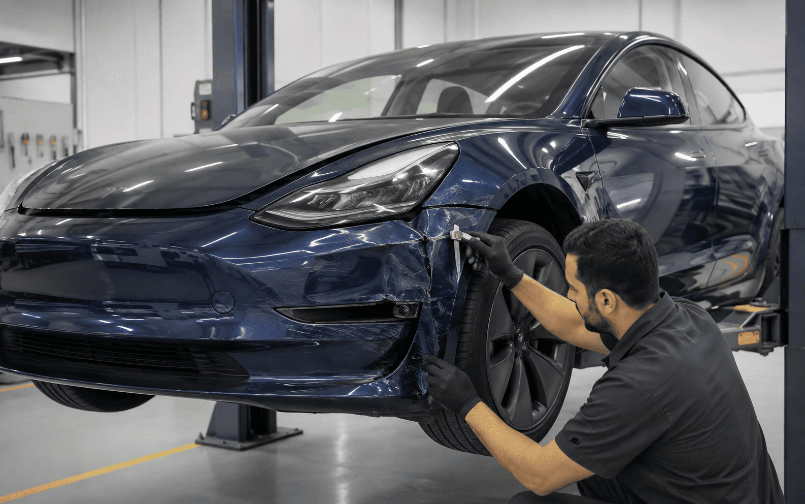 Tesla Model 3 front-corner body repair assessment in a workshop