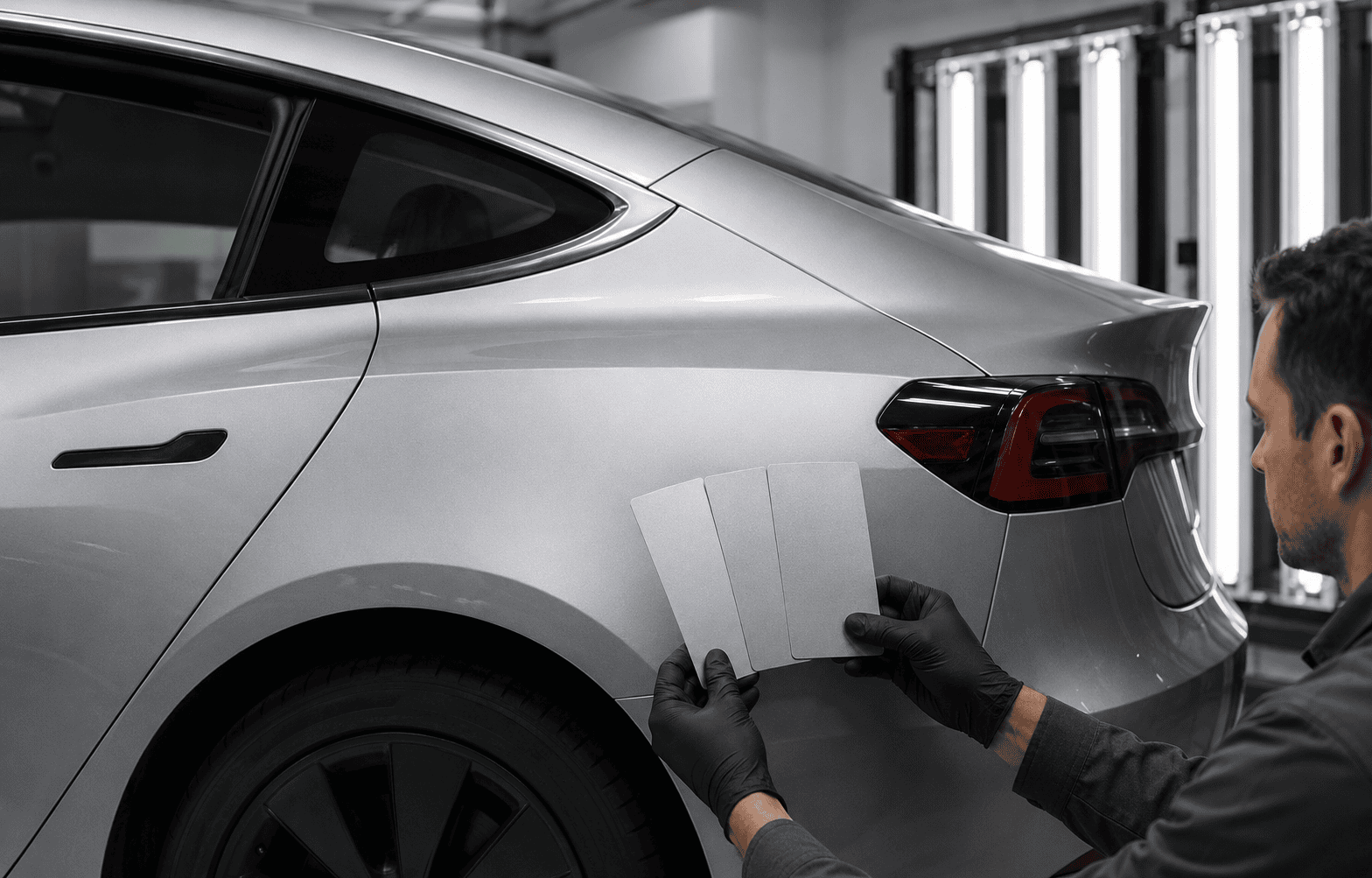Tesla Model 3 paint match inspection during body repair refinishing