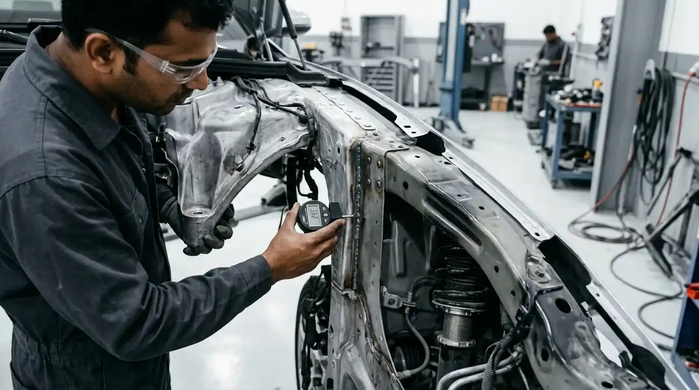 Technician identifying material and chassis repair boundaries on an Audi A4
