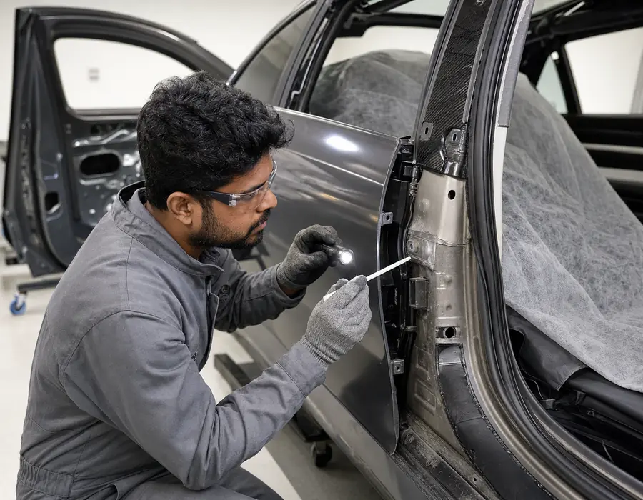 Technician identifying BMW iX body materials before correction