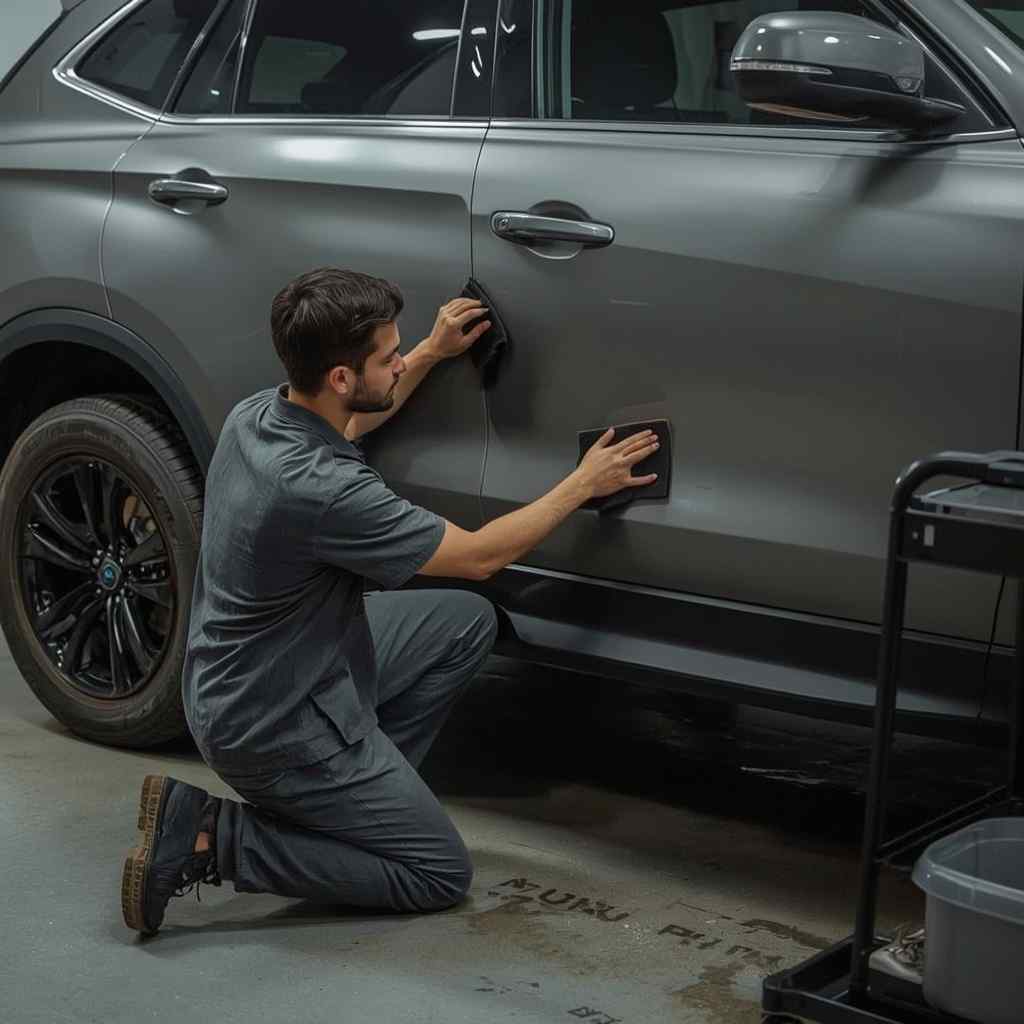 Ceramic coating being applied carefully to a matte-painted vehicle panel