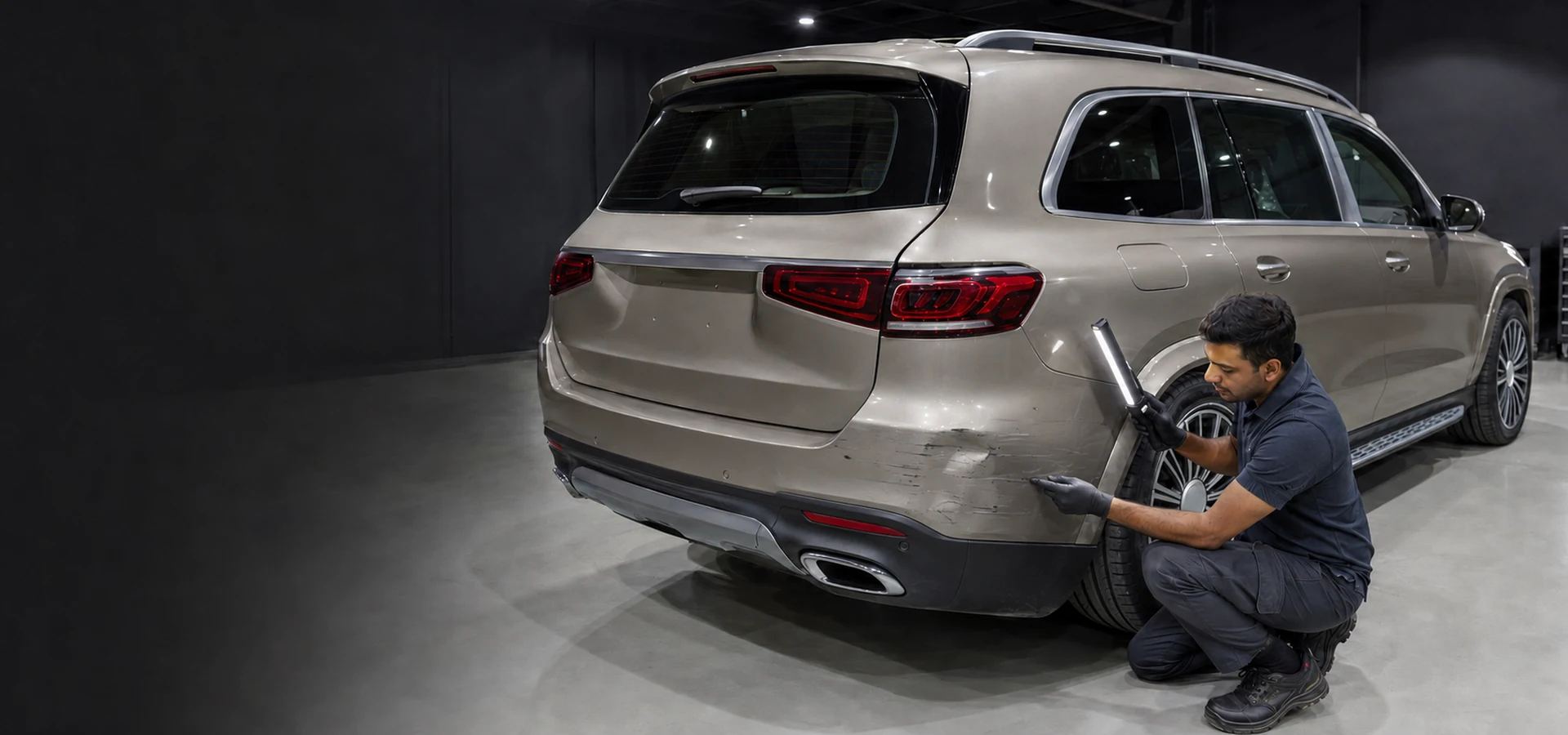 Mercedes-Benz GLS body repair inspection in a Dubai collision workshop