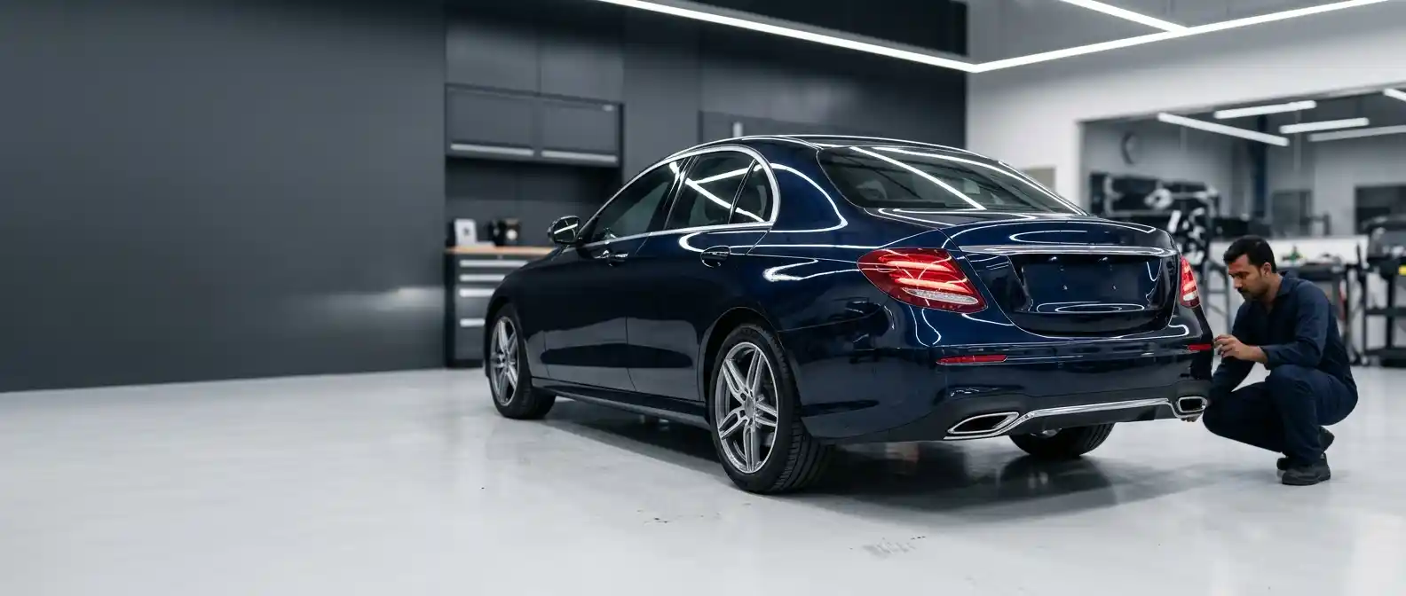 Mercedes-Benz E-Class undergoing body repair assessment in a professional Dubai workshop