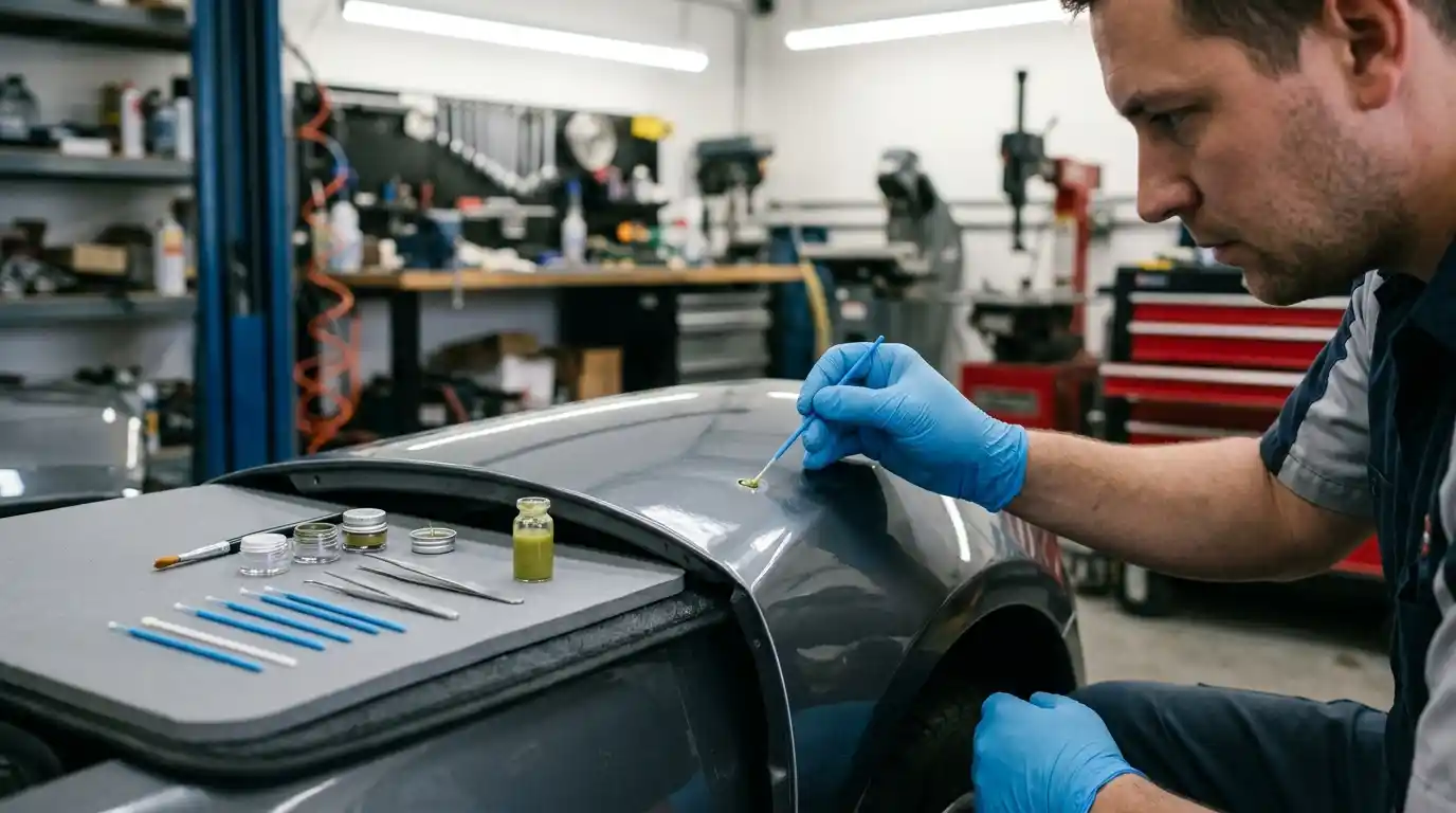 Technician applying micro primer and colour fill to a prepared paint chip
