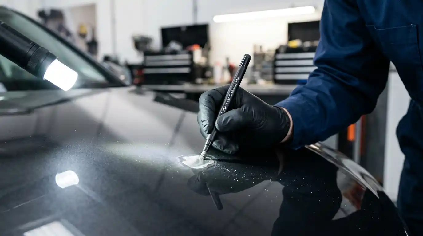 Technician cleaning micro rust from a paint chip before primer and colour repair