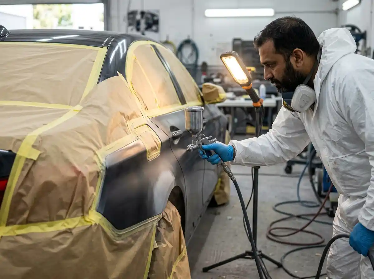 BMW 3 Series fender primer surfacer preparation before refinishing