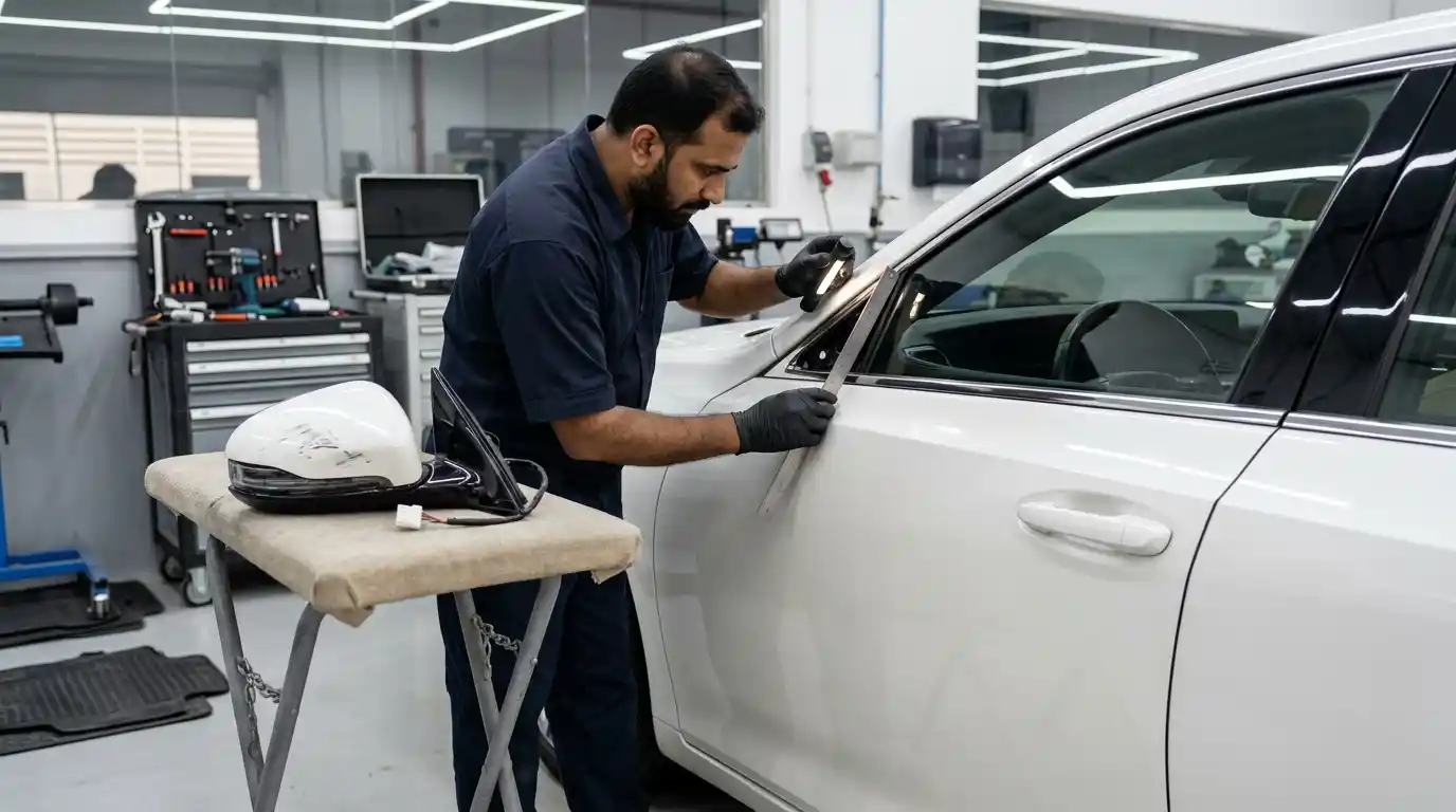 Technician inspecting Mercedes-Benz C-Class mirror mounting damage extending into the door skin and beltline