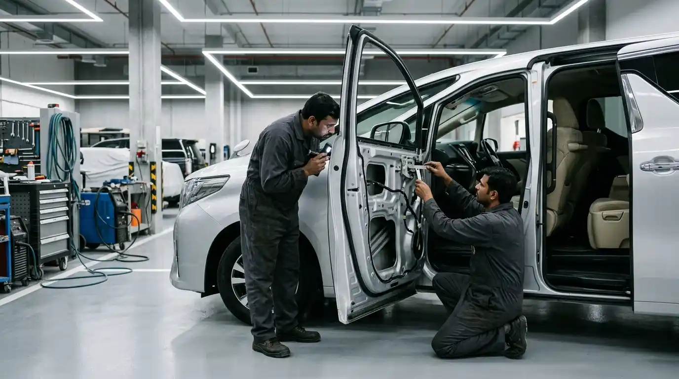 Technician checking GAC MPV sliding-door hinge alignment and closure geometry