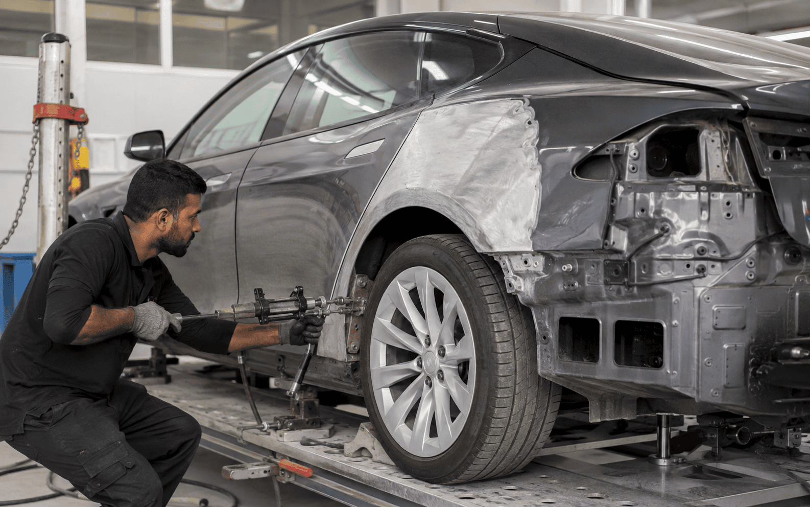 Technician carrying out material-appropriate aluminium panel repair in a body workshop.