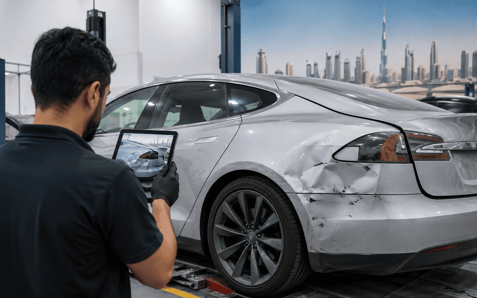 Tesla vehicle at a Dubai body shop for collision damage assessment.