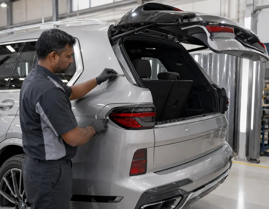 BMW X7 Openings and Seal Alignment Technician checking BMW X7 tailgate openings, panel gaps and seal contact after body repair