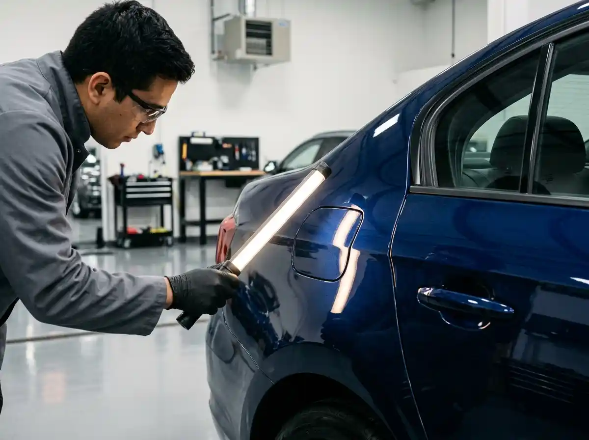 Technician checking optical gloss continuity and reflection flow across a resprayed vehicle panel