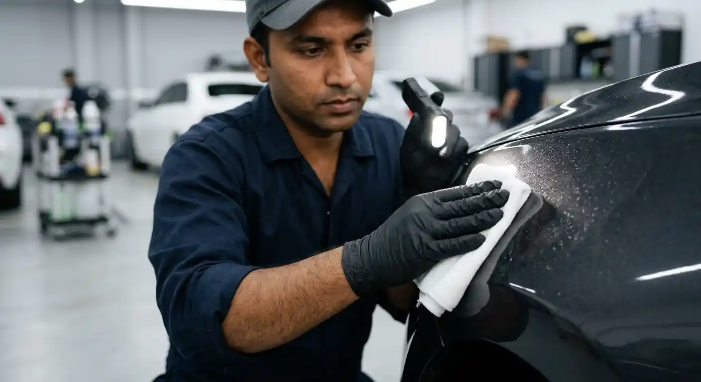 Technician inspecting automotive overspray deposits with a magnifying loupe before removal