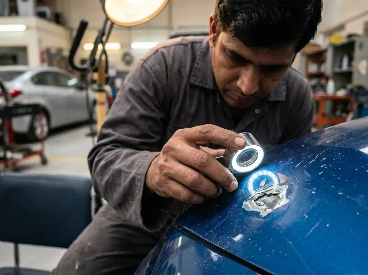 Technician using a loupe to inspect paint chip depth and exposed coating layers