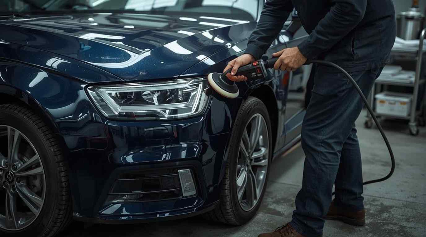 Technician inspecting and correcting a repainted panel before ceramic coating application
