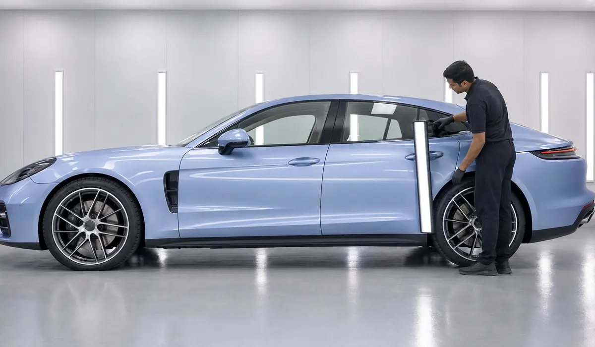 Porsche Panamera paint finish inspected along the full side profile under linear workshop lighting