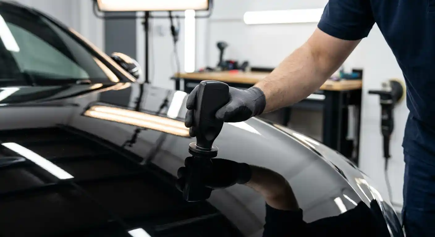 Machine polishing a gloss black bonnet before protective coating