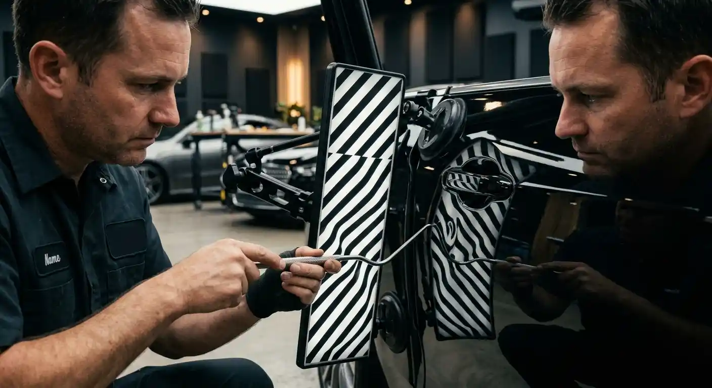Paintless dent removal technician reading a dent with a reflection line board