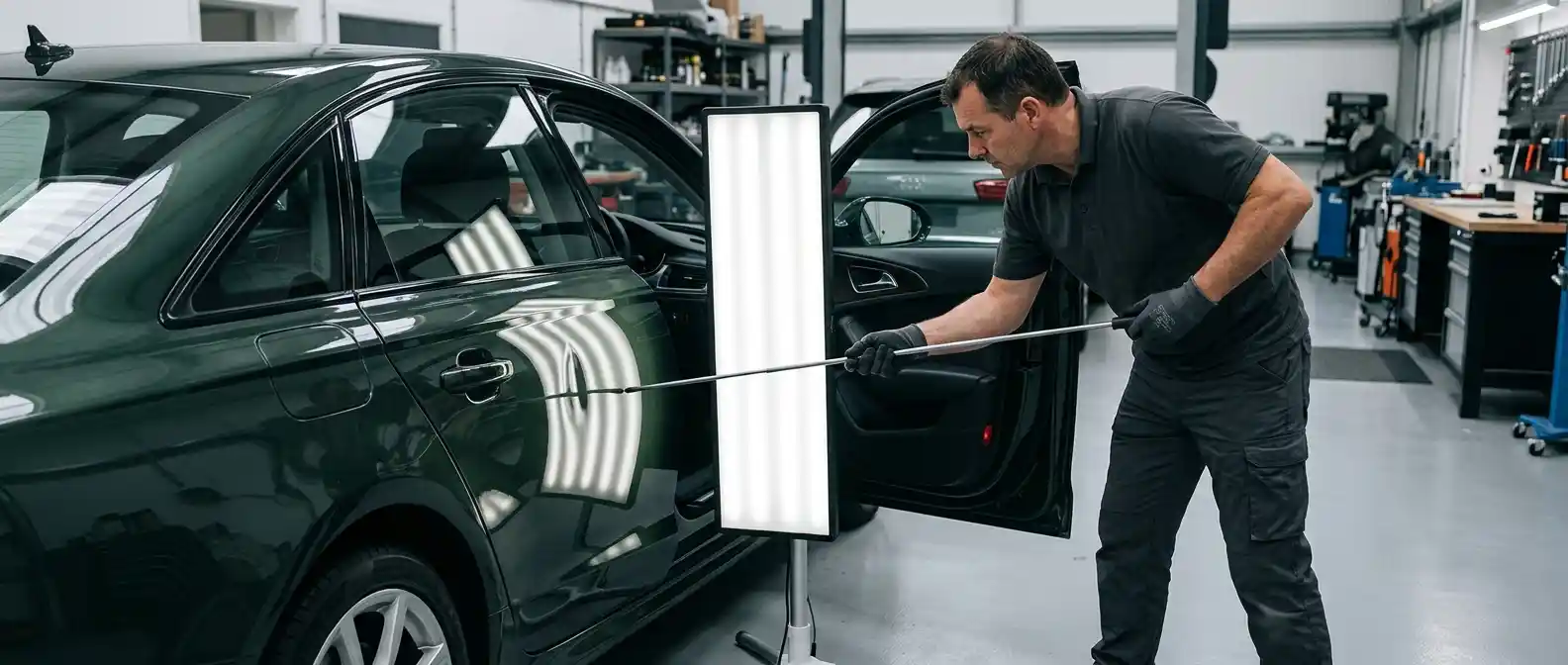 Technician evaluating Mercedes-Benz C-Class dent shape under line lighting to choose panel beating or paintless dent repair